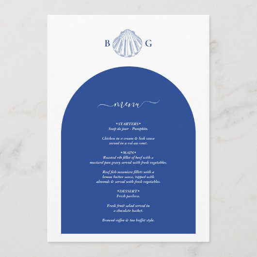 Blue Clam Seashells Coastal Seaside Beach Wedding メニュー (正面)
