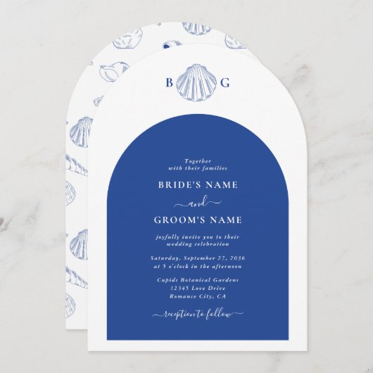 Blue Clam Seashells Coastal Seaside Beach Wedding  招待状 (正面/裏面)
