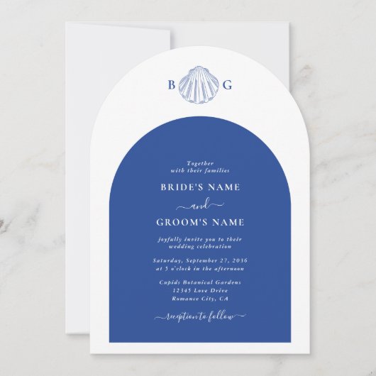Blue Clam Seashells Coastal Seaside Beach Wedding  招待状 (正面)
