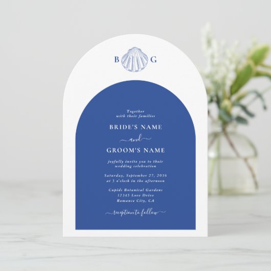 Blue Clam Seashells Coastal Seaside Beach Wedding  招待状 (スタンド正面)