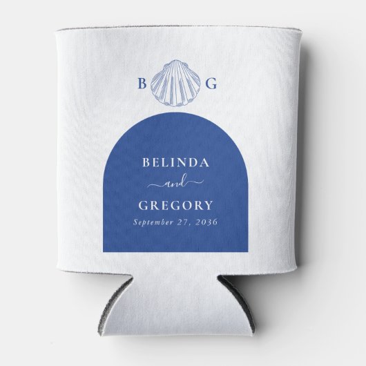 Blue Clam Seashells Coastal Seaside Beach Wedding 缶クーラー (正面)