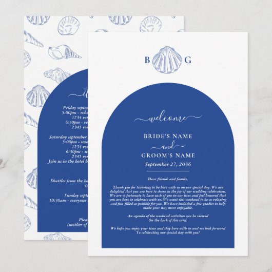 Blue Clam Seashells Coastal Wedding Itinerary プログラム (正面/裏面)