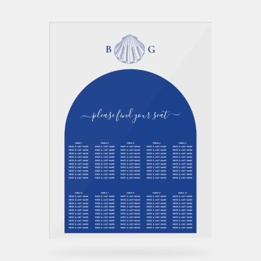 Blue Clam Seashells Coastal Wedding Seating Chart アクリルサイン (正面)