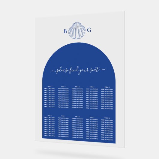Blue Clam Seashells Coastal Wedding Seating Chart アクリルサイン (傾斜)