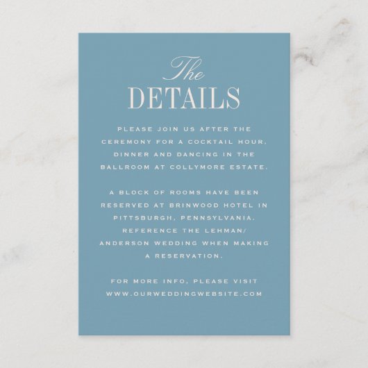 Blue Classic Elegance Wedding Details エンクロージャーカード (正面)