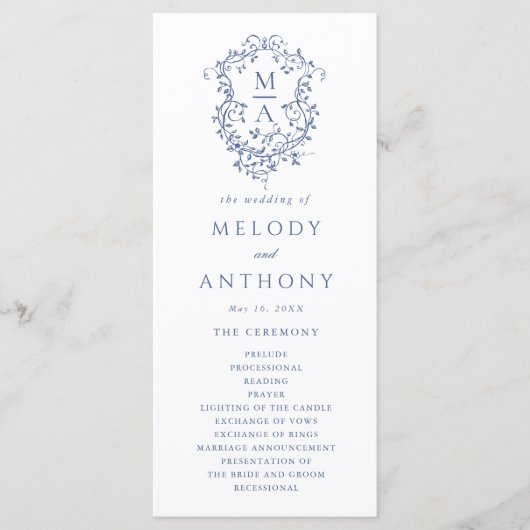 Blue Classic Floral Crest Wedding Ceremony プログラム (正面)