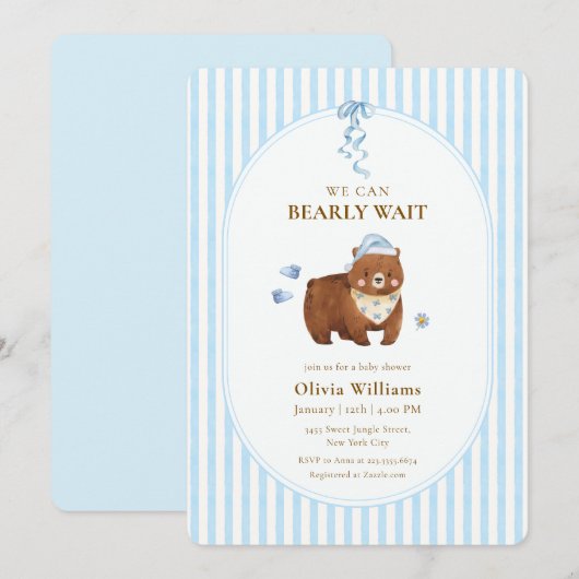 Blue Classic Stripe We Can Bearly Wait Baby Shower 招待状 (正面/裏面)