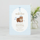 Blue Classic Stripe We Can Bearly Wait Baby Shower 招待状 (スタンド正面)