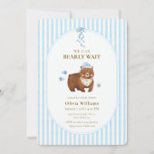 Blue Classic Stripe We Can Bearly Wait Baby Shower 招待状 (正面)