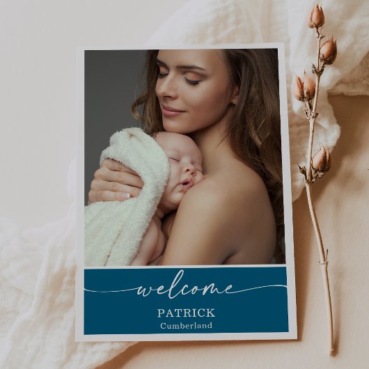  Blue Classic Welcome Baby Photo Announcement Card 招待状