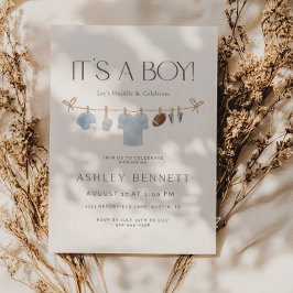 Blue Clothesline It’s a Boy Football Baby Shower 招待状