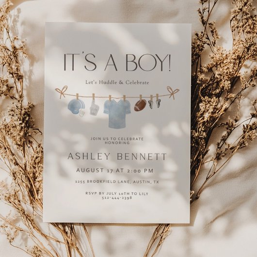 Blue Clothesline It’s a Boy Football Baby Shower 招待状