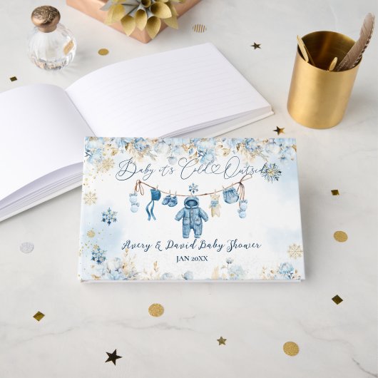 Blue ClothestLine Cold Outside Baby Boy Shower ゲストブック (正面見開き)