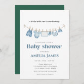 Blue ClothestLine one boy Baby Shower 招待状 (正面/裏面)