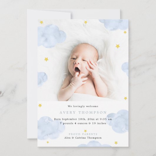 Blue Clouds男の赤ちゃん写真誕生のお知らせ 招待状 (正面)