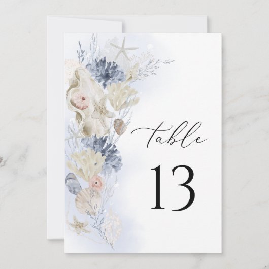 Blue Coastal Beach Wedding Table Number Card (正面)