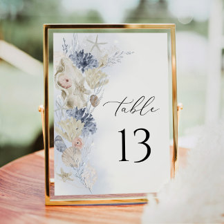 Blue Coastal Beach Wedding Table Number Card