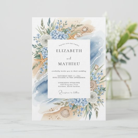 Blue Coastal Bloom Beach Wedding 招待状 (スタンド正面)