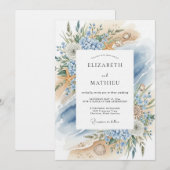 Blue Coastal Bloom Beach Wedding 招待状 (正面/裏面)