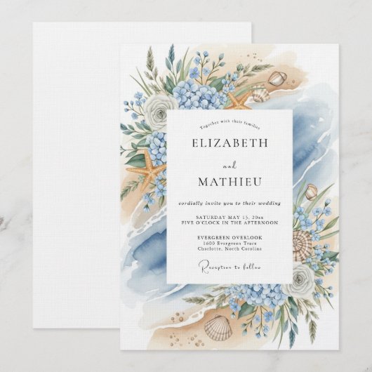 Blue Coastal Bloom Beach Wedding 招待状 (正面/裏面)