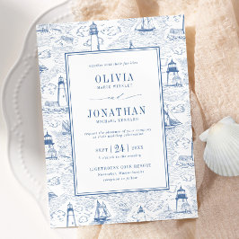 Blue Coastal Chic Lighthouse Toile Wedding 招待状