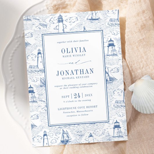 Blue Coastal Chic Lighthouse Toile Wedding 招待状