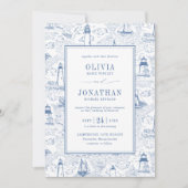 Blue Coastal Chic Lighthouse Toile Wedding 招待状 (正面)