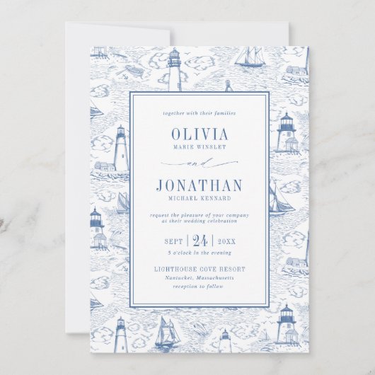 Blue Coastal Chic Lighthouse Toile Wedding 招待状 (正面)
