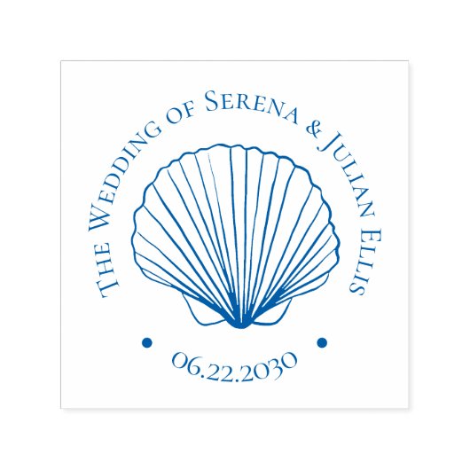 Blue Coastal Elegant Seashell Wedding Monogram セルフインキングスタンプ (デザイン)