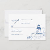 Blue Coastal Lighthouse Toile Wedding 出欠カード (正面)