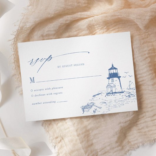 Blue Coastal Lighthouse Toile Wedding 出欠カード
