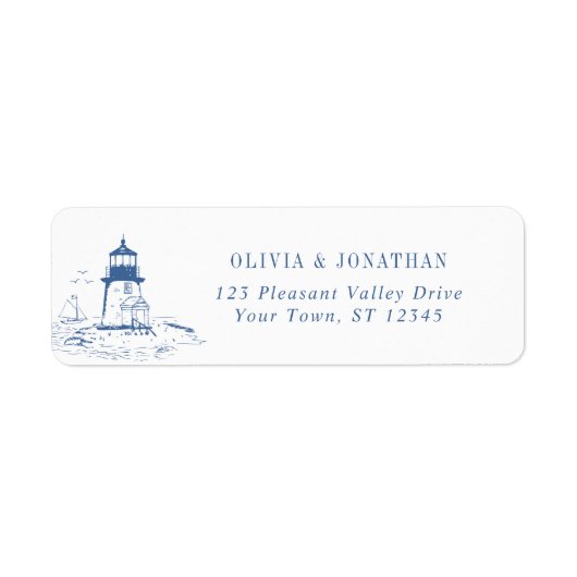 Blue Coastal Lighthouse Wedding Return Address ラベル (正面)