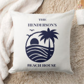 Blue Coastal Palm Tree Family Name Beach House クッション (ブランケット)