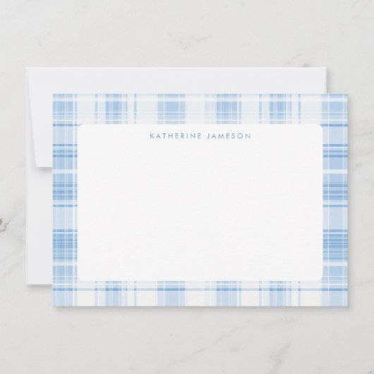 Blue Coastal Plaid Pattern Monogram ノートカード (正面)