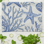 Blue Coastal Toile Seashell Coral Pattern キッチンタオル (折り畳み)
