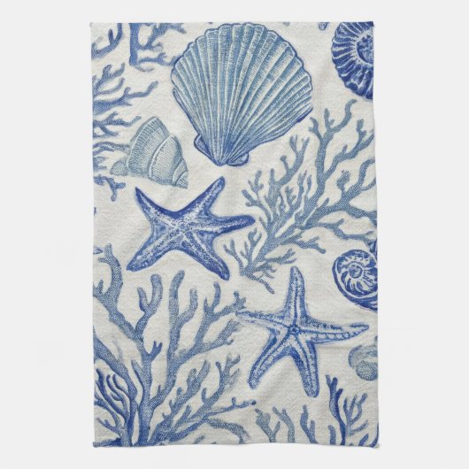 Blue Coastal Toile Seashell Coral Pattern キッチンタオル (縦)