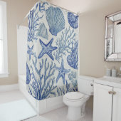 Blue Coastal Toile Seashell Coral Pattern シャワーカーテン (インサイチュ)
