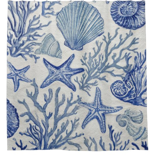 Blue Coastal Toile Seashell Coral Pattern シャワーカーテン (正面)