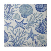 Blue Coastal Toile Seashell Coral Pattern タイル (正面)