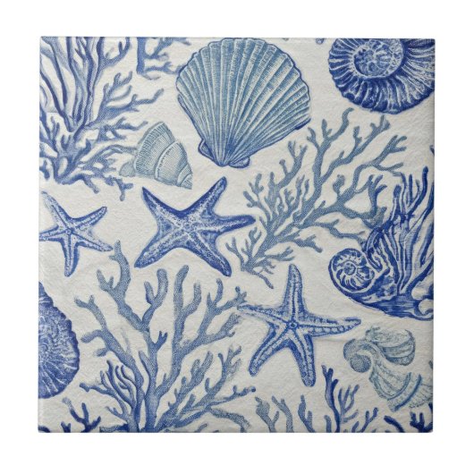 Blue Coastal Toile Seashell Coral Pattern タイル (正面)
