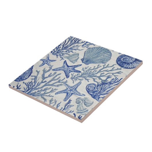 Blue Coastal Toile Seashell Coral Pattern タイル (側面)