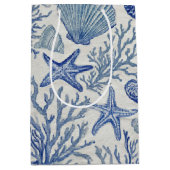 Blue Coastal Toile Seashell Coral Pattern ミディアムペーパーバッグ (正面)