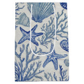 Blue Coastal Toile Seashell Coral Pattern ミディアムペーパーバッグ (裏面)