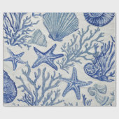 Blue Coastal Toile Seashell Coral Pattern ラッピングペーパー (フラット)
