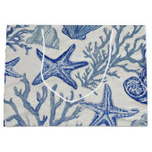 Blue Coastal Toile Seashell Coral Pattern ラージペーパーバッグ (正面)