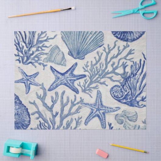 Blue Coastal Toile Seashell Coral Pattern 薄葉紙 (クラフト)