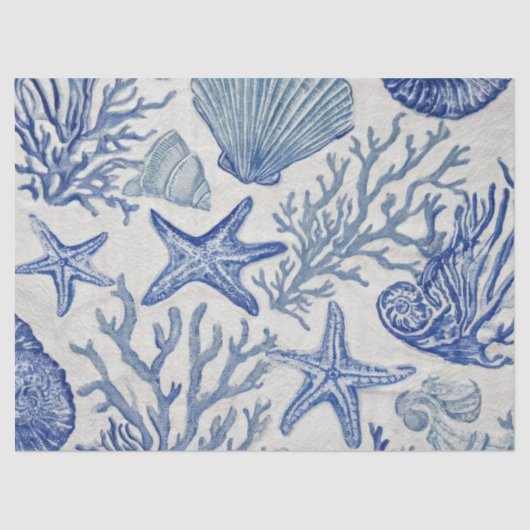 Blue Coastal Toile Seashell Coral Pattern 薄葉紙 (正面)