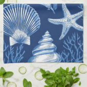 Blue Coastal Toile Seashell Coral Pattern (2) キッチンタオル (折り畳み)