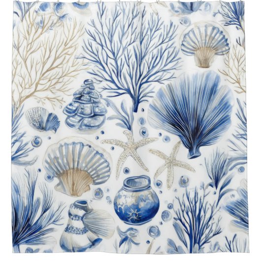 Blue Coastal Toile Seashell Coral Pattern (2) シャワーカーテン (正面)