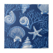Blue Coastal Toile Seashell Coral Pattern (2) タイル (正面)